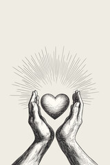 Stylized black and white illustration of praying hands with a glowing heart in the middle, vector art symbolizing love and devotion
