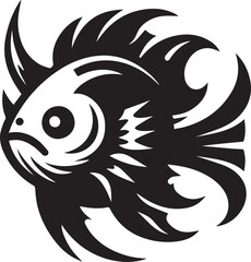 Mystical Fish Silhouette: A captivating silhouette of a fantastical fish, rendered in stark black and white, against the fish intricate and stylized design.
