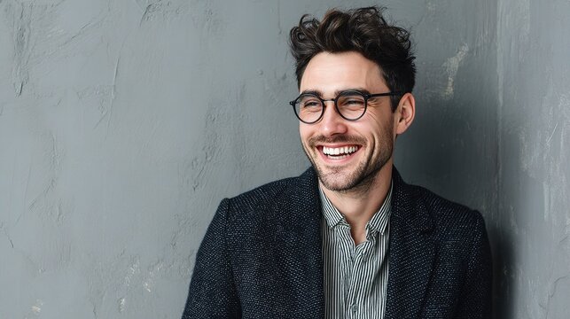 Joyful Young Businessman Wearing Round Glasses Smiling Against Wall