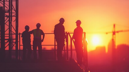 Fototapeta premium Silhouette of engineer and construction team working at site over blurred background sunset pastel for industry background with Light fair.