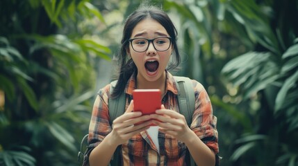 Smartphone pop up for advertising.Asian woman travel backpacker shouting open mouth through from screen mobile.Girl looking to aside copy space for present promotions.Digital marketing online cencept