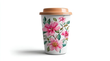 Pink floral design on a travel mug.