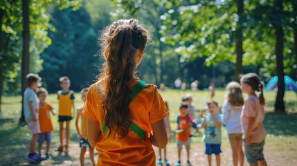 Summer camp counselor leading educational activities and games for kids.