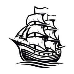 Black and White Old Ship Illustration, Vintage Vessel with Sails, Maritime