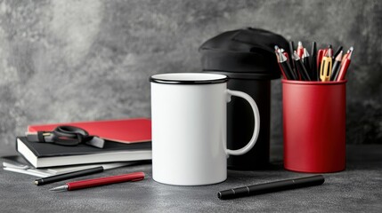 Composition of different promo products - Thermo mug, mug, gifts, pens in boxes, notebooks, tools, cap,flag table. Copy space. Grey wall background.