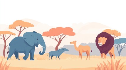 African animals in savanna landscape, illustration