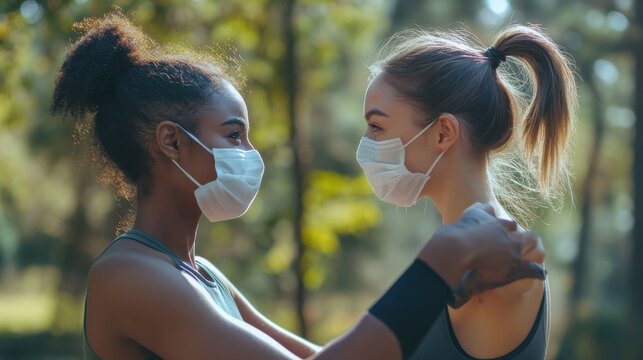 Diverse multiracial fit girls friends wear face masks give elbow bump. Sporty african, indian and caucasian young women group non-contact greeting together starting outdoor fitness training. Closeup.