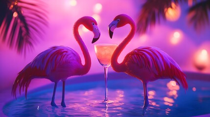 Obraz premium Pink flamingos with romantic cocktails by a glowing pool at night, neon 80s aesthetic