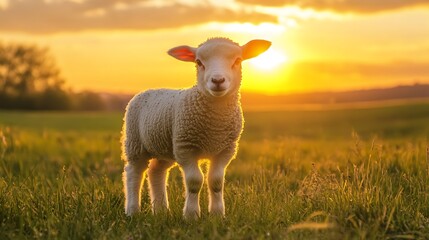 Obraz premium White Lamb Standing In Green Field Facing Camera During Golden Hour Sunlight