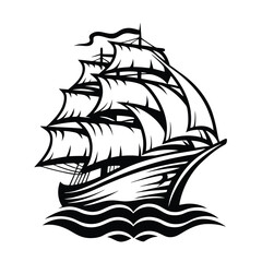 Black Silhouette of a Classic Sailing Ship on Water with Detailed Sails and Rigging