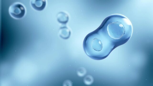 Stem cells dividing under the microscope. Cell division or cloning cells. Cloning closeup. Mitosis in process.3d Animation, Brighting background.