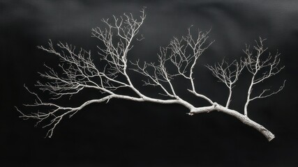 Silver tree branch on black background. Stark, simple and elegant display.