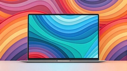 Laptop on desk with abstract colorful 3D layered wave pattern on screen and background. Modern digital workspace concept for banner and wallpaper design