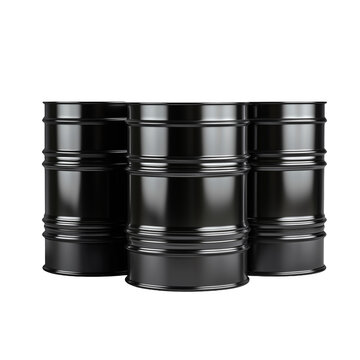 Three black oil barrels on transparent background