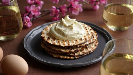 Matzah with Cream Cheese, Spring Flowers, Wine

