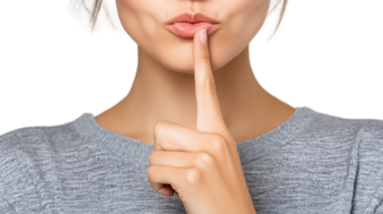 Shush Moment: A close-up shot of a woman with her index finger pressed to her lips, symbolizing silence, secrecy, or a request for quiet.