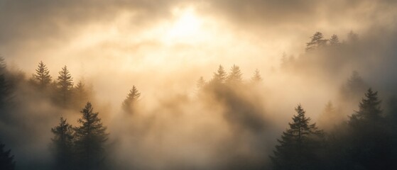 Obraz premium Sunlight filters through fog over pine trees in a forest. Serene background