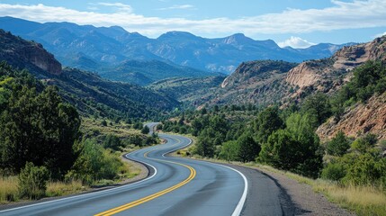 Fototapeta premium Winding road through lush green valleys with majestic mountains under a bright blue sky