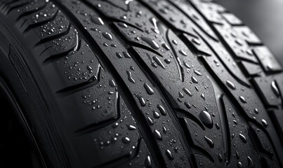 Detailed close up of a wet car tire tread surface