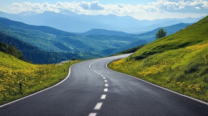 Fototapeta premium Winding road through lush green hills beneath a vibrant sky in the serene countryside