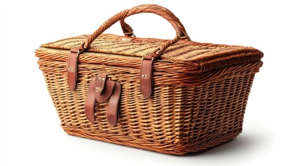 A beautifully crafted wicker picnic basket ready for outdoor adventures in the warm sunlight