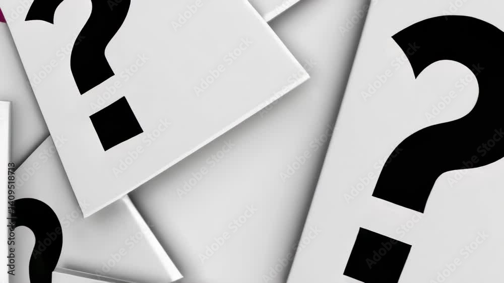 Poster many white cards with black question marks printed on them are laying on a magenta surface, creating