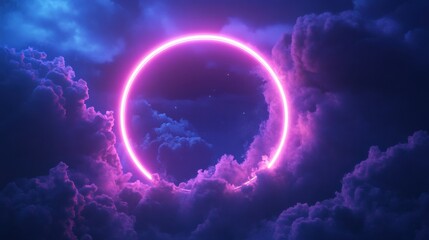 3d render, abstract cloud illuminated with neon light ring on dark night sky. Glowing geometric shape, round frame