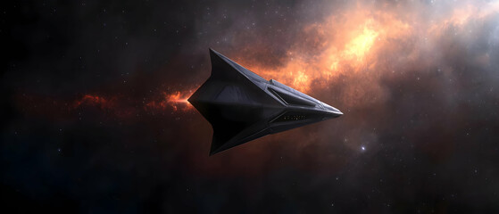 Naklejka premium Dark, futuristic spacecraft soaring through a vibrant nebula