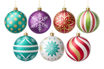 A collection of colorful christmas ornaments hanging against a black background for the holidays