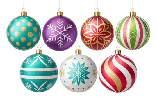 A collection of colorful christmas ornaments hanging against a black background for the holidays - Powered by Adobe