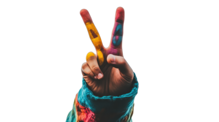 Painted Peace Sign: A hand painted with vibrant colors forms the peace sign, a powerful symbol of hope, unity, and non-violence.