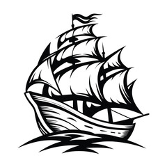 Tall Ship Silhouette, Sailing Vessel, Antique Boat, Nautical, Adventure, Black and White