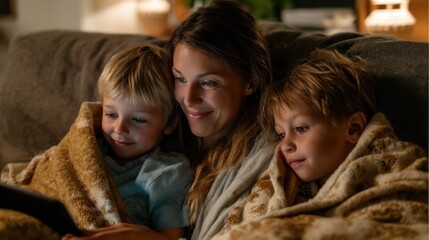A mother and her two sons are snuggled on a couch watching something on a tablet under a blanket