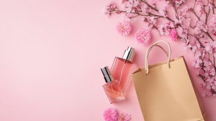 Makeup cosmetic perfume women products accessories pouring from shopping bag on pink flat lay background, beauty products cheap discount retail offer online purchase, top view above copy space