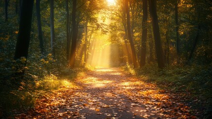 Fototapeta premium Sunlight filtering through the trees in an autumn forest trail path