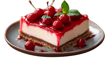 Cheesecake with cherry topping and graham crust, plated PNG
