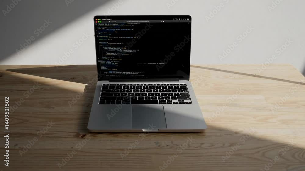 Aufkleber Modern laptop displaying lines of code sits on a wooden table, illuminated by natural sunlight streaming through a nearby window, creating a focused workspace atmosphere