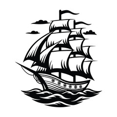 Tall Ship Silhouette, Sailing Boat, Sea Waves, Ocean, Nautical Vessel, Watercraft Art