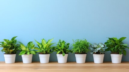 Obraz premium Row of potted plants against a light blue wall.
