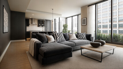 Fototapeta premium A stylish urban living room with a cream-colored sofa adorned with patterned cushions, a wooden coffee table, and a gray throw. Large windows offer a city view. Artwork hangs on the dark accent wall. 