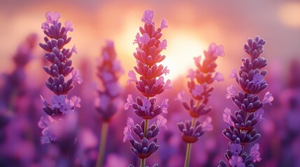 Fototapeta premium Lavender blossoms in neat rows under glowing evening sky, soft light enhancing colors, low-angle shot, tranquil and fragrant nature moment 