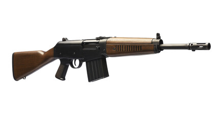 Fototapeta premium Precision and Power: Detailed studio shot of a modern assault rifle, highlighting its design and functionality, the intricate parts and powerful presence of the weapon.