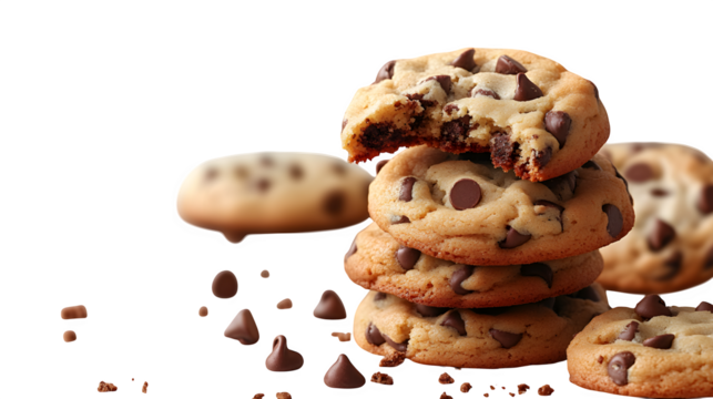 Chocolate chip cookies stacked with bite taken, isolated on transparent background