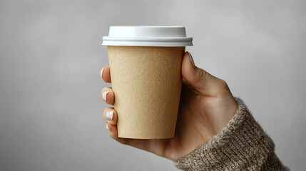 hand holding paper coffee cup with white lid against neutral background, showcasing simple and minimalist design. focus is on cup, highlighting its eco friendly material