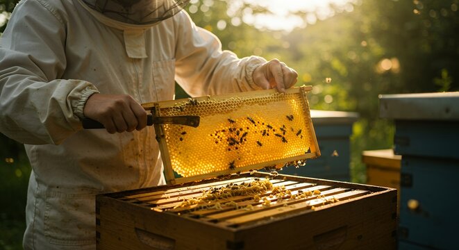 Beekeeper harvesting honeycomb frame outdoors - Powered by Adobe