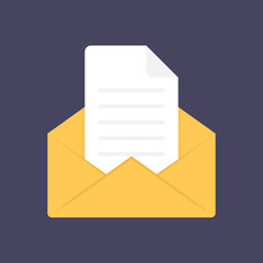 Open envelope with document. Minimalist flat style vector illustration featuring a vibrant yellow envelope, partially open to reveal a white document with visible text lines