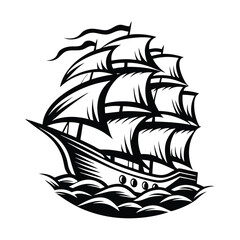 Silhouette of a Tall Ship Sailing on the Sea, Black and White Nautical