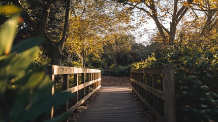Fototapeta premium Wooden walkway through a park in autumn.