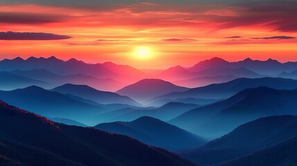 Obraz premium Layers of dark mountain silhouettes bathed in warm amber light, clouds glowing above horizon, panoramic perspective, peaceful sunset scene 