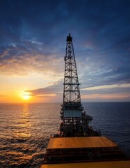 Obraz premium Silhouette of oil rigger from a far at sunset 